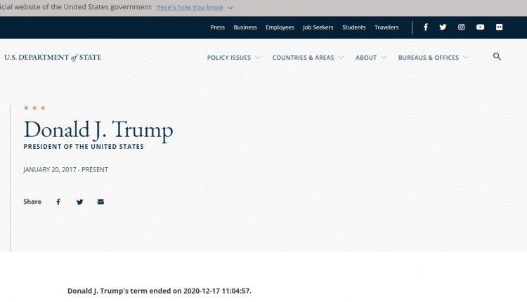 For this reason, the US State Department website states that Donald Trump's term ended on January 11th

