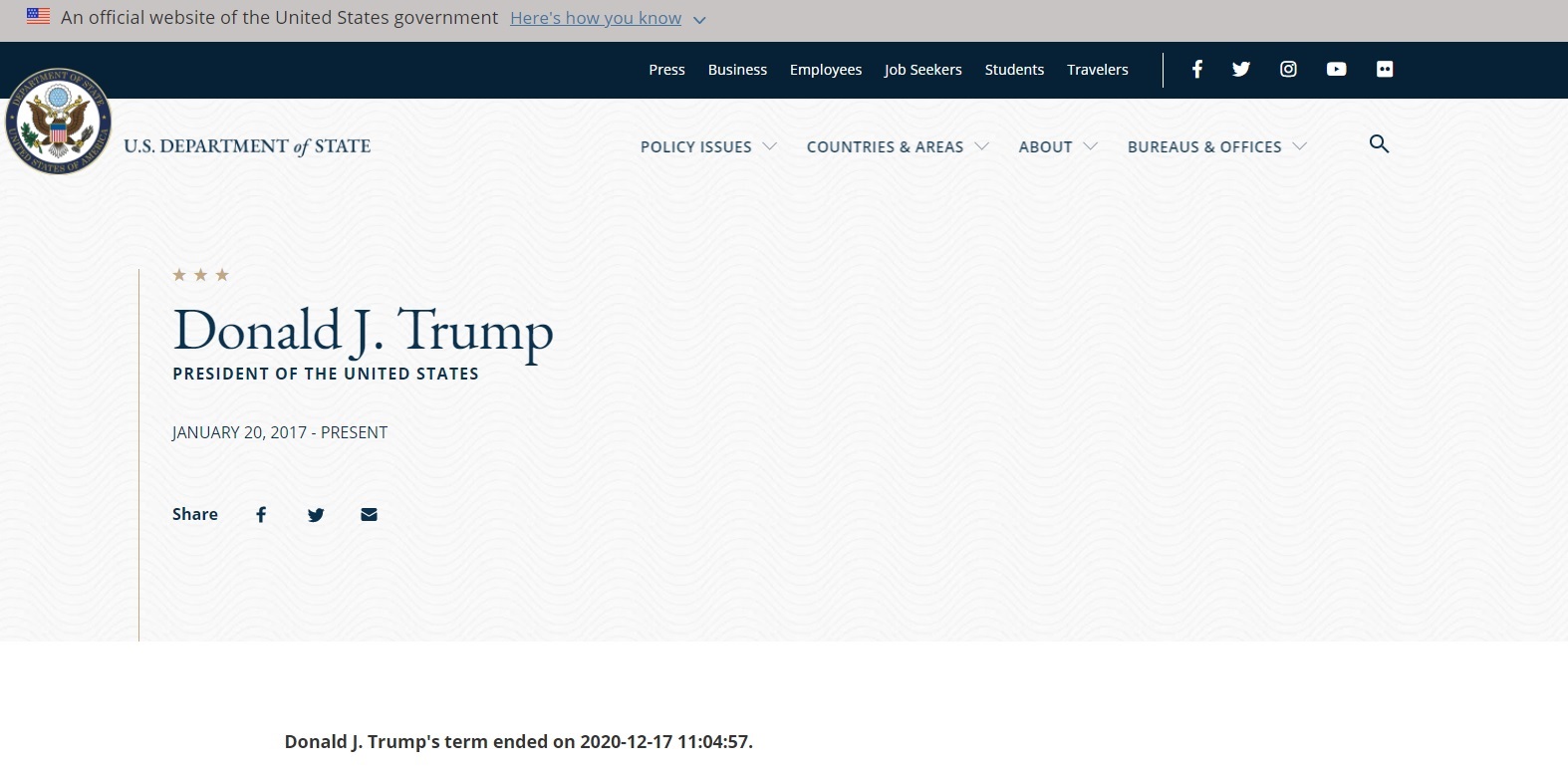 For this reason, the US State Department website states that Donald Trump's term ended on January 11th