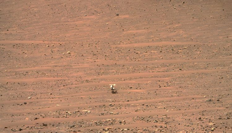 This image taken by the Perseverance rover of the Ingenuity helicopter is a composite of a single Left- and Right-Mastcam-Z camera photo, both taken at a local mean solar time of 2:25 pm Wednesday, 8 March 2023. Credit: NASA/JPL-Caltech/ASU.