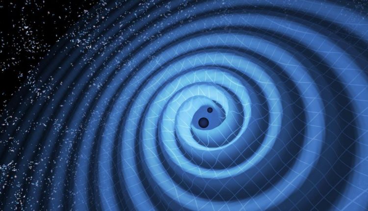 This illustration shows the merger of two black holes and the gravitational waves that ripple outward as the black holes spiral toward each other. Could black holes like these (which represent those detected by LIGO on Dec. 26, 2015) collide in the dusty disk around a quasar's supermassive black hole explain gravitational waves, too? Credit: LIGO/T. Pyle