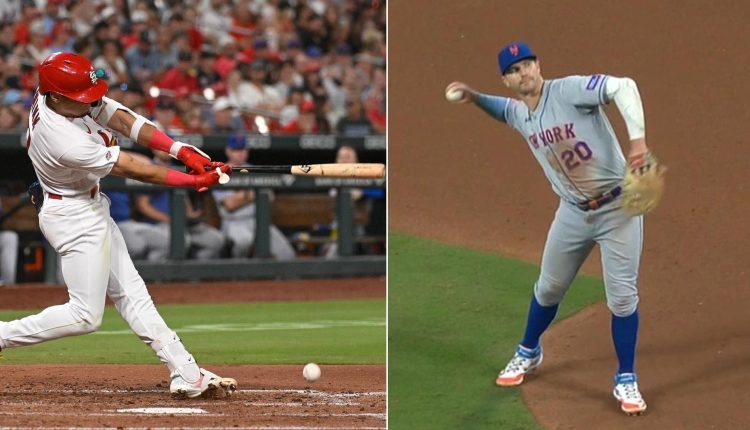 Pete Alonso throws ball from Masyn Winn's first hit into stands