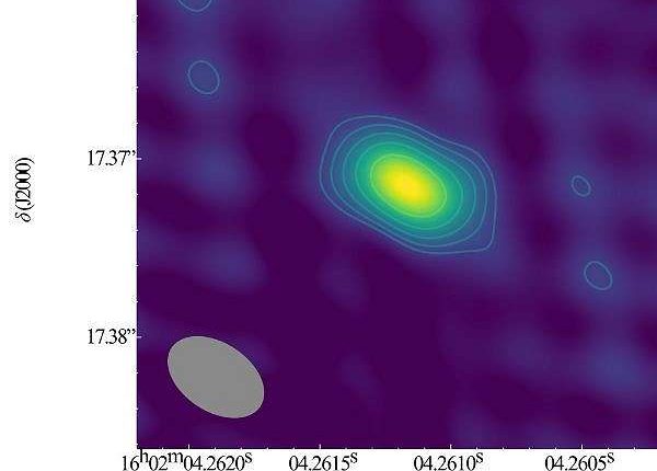 Radio image of the potential hypernebula powered by the repeating FRB 20190520B. The nebula is billions of lightyears from Earth, but a global network of radio telescopes has placed strong constraints on its size.