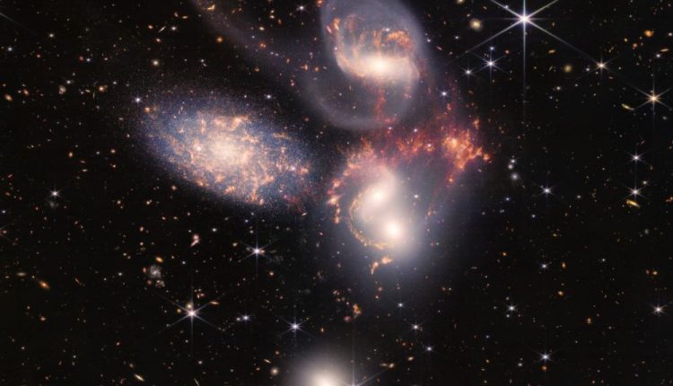 Stephan's Quintet of galaxies as seen by JWST. The telescope could provide sharp views of even more distant galaxies that could help solve part of the dark matter mystery in galaxy formation. Courtesy: JWST.