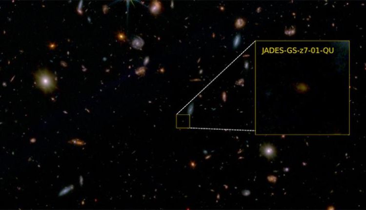 False-color JWST image of a small fraction of the GOODS South field, with the galaxy JADES-GS-z7-01-QU highlighted Credit: JADES Collaboration