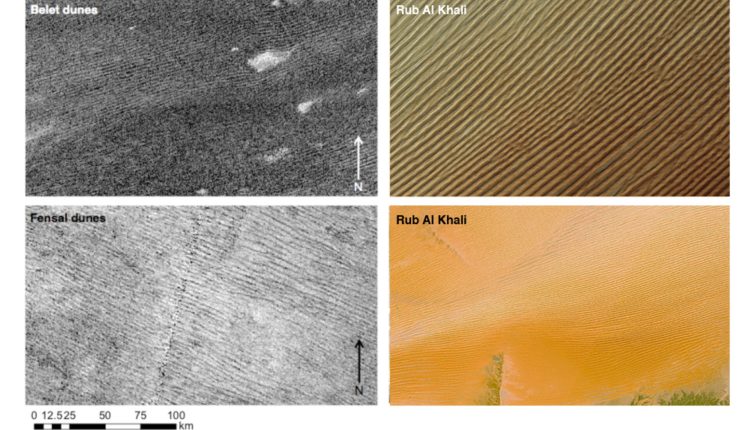Two different dune fields on Titan: Belet and Fensal, as imaged by Cassini’s radar. It also shows two similar dune fields on Earth in Rub Al Khali, Saudi Arabia. CREDIT NASA/JPL–Caltech/ASI/ESA and USGS/ESA