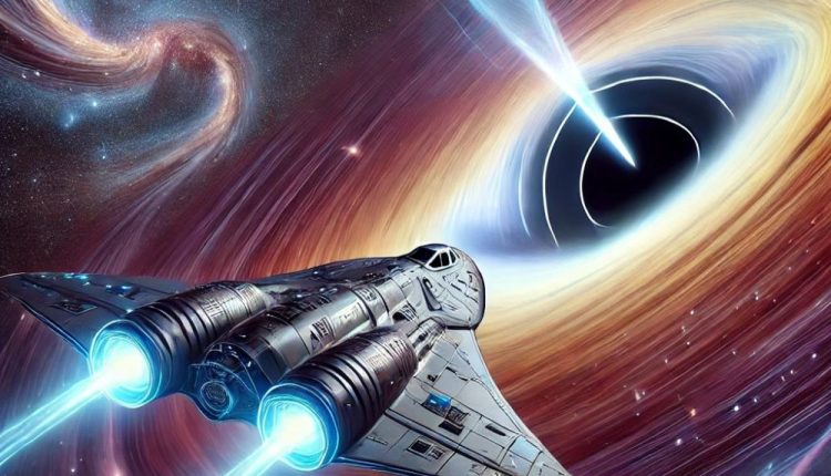 Dall-E image of a ship with warp drive entering a black hole. Courtesy Fraser Cain.