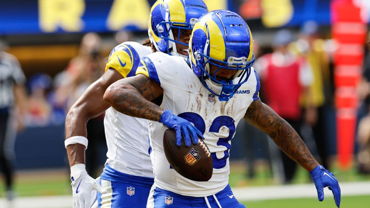 Kyren Williams of the Rams scores a touchdown in the end zone