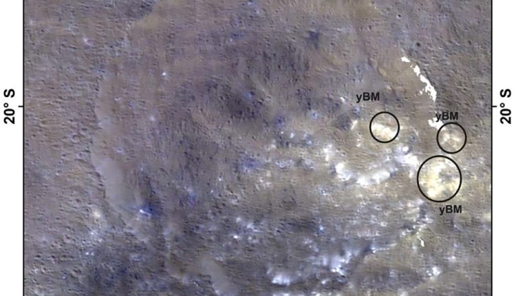 Yellowish-white material found near two craters on dwarf planet Ceres contain clues to this world's birthplace. Courtesy: MPS.