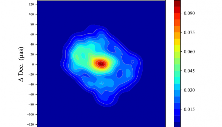Radio image of Sagittarius A* black hole in the center of the Milky Way galaxy, obtained from re-analysis by new research. The structure is elongated from east to west. The east side is bright and the west side is dark, which the research team interprets to mean that the east side is moving towards us. Credit Miyoshi et al.