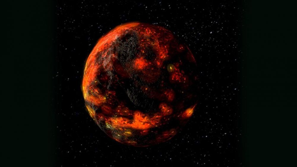 An artist’s illustration of what the partly molten moon might have looked like. Illustration courtesy NASA Goddard Space Flight Center