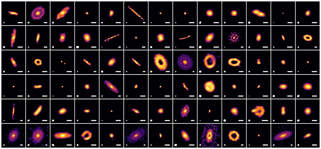 Images of protoplanetary disks in the Ophiuchus star-forming region, created with super-resolution imaging with sparse modeling versus a conventional imaging method. The resolution is shown by the white ellipse in the lower left of each panel, with a smaller ellipse indicating higher resolution. The white line in the lower right of each panel indicates a scale of 30 AU. The evolution stage of the central stars progresses from left to right, and from top to bottom in the same row. Credit: ALMA(ESO/NAOJ/NRAO), A. Shoshi et al.