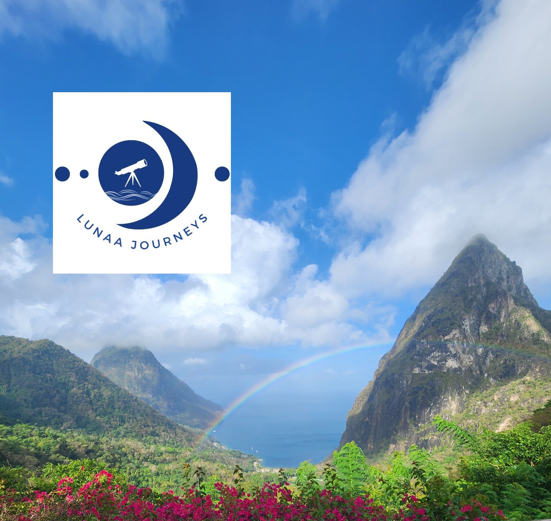 The Pitons in Saint Lucia, along with the new LUNAA Journeys logo. Credit: Dave Dickinson.