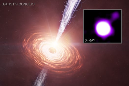 Artist illustration of black hole and jet (Credit: X-ray: NASA/CXC/CfA/J. Maithil et al.; Illustration: NASA/CXC/SAO/M. Weiss; Image Processing: NASA/CXC/SAO/N. Wolk)