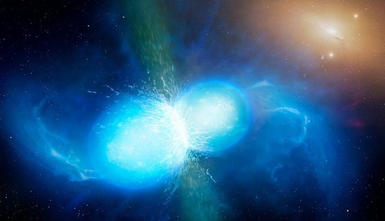 Artist's impression of neutron stars merging, producing gravitational waves (Credit : University of Warwick/Mark Garlick)