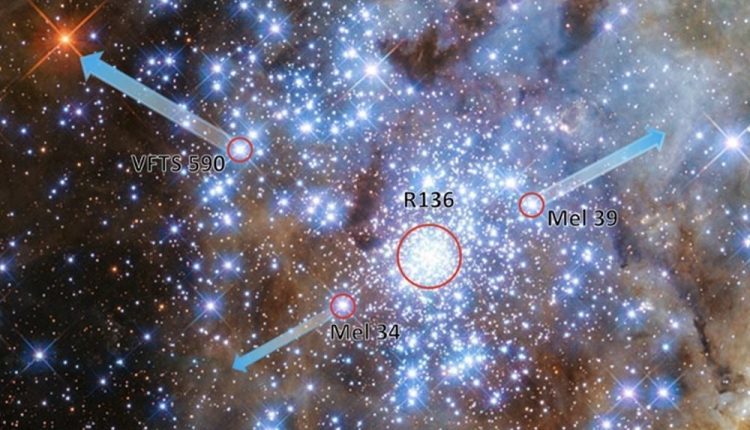 This image and text show the runaway stars VFTS 590, the binary star Mel 39 and the binary star Mel 34 ejected in near-collisions from cluster R136 in the Tarantula Nebula. Astronomers have recreated the expulsion to learn what was behind it. Credit: NASA, ESA, P. Crowther/University of Sheffield, Mitchel Stoop.