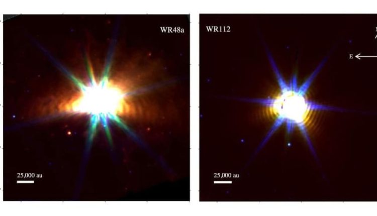 The JWST revealed the presence of intact dust shells around two Wolf-Rayet stars. These stars are among the most massive and extreme stars in the Universe. They're known for their intense luminosity and powerful stellar winds. They're nearing the end of their lives and will explode as supernovae or collapse into black holes. Image Credit: Embry‑Riddle/JWST