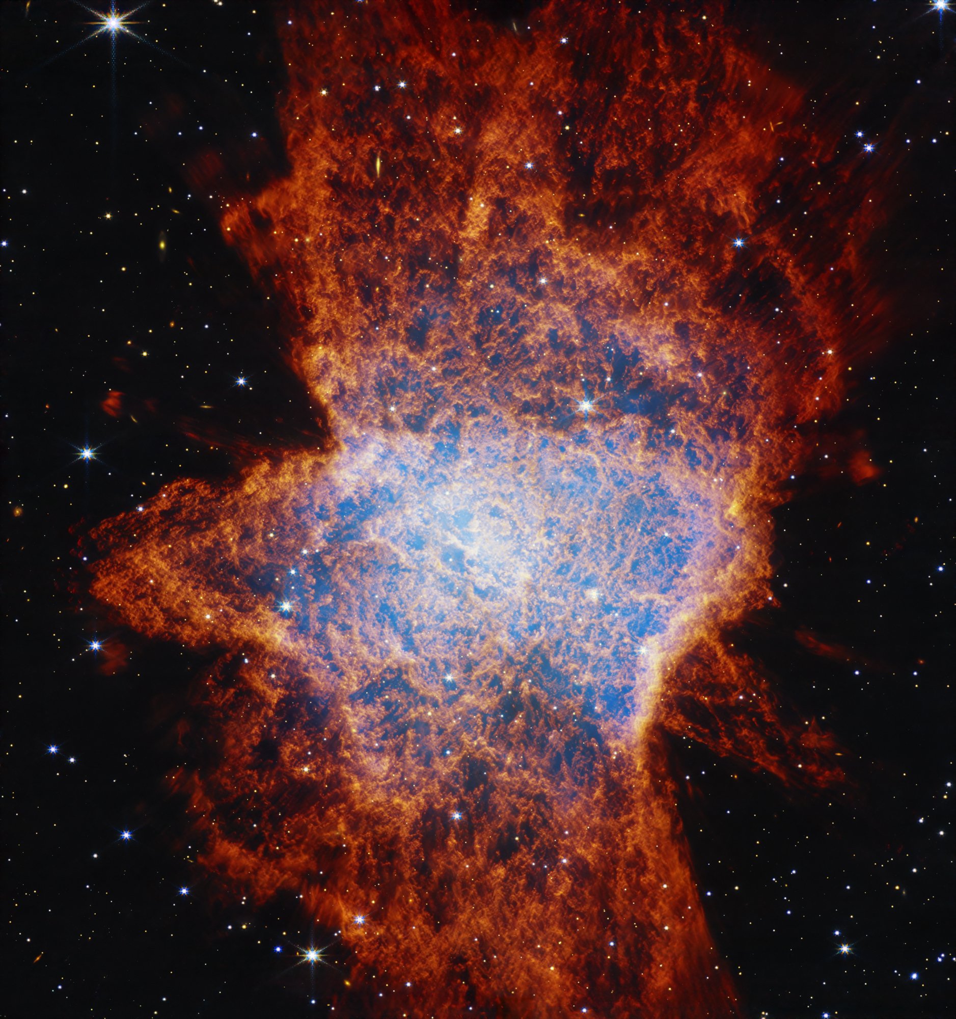NASA’s James Webb Space Telescope’s view of NGC 6072 shows a complex scene of multiple outflows expanding at different angles from a dying star. Credit: NASA/ESA/CSA/STScI