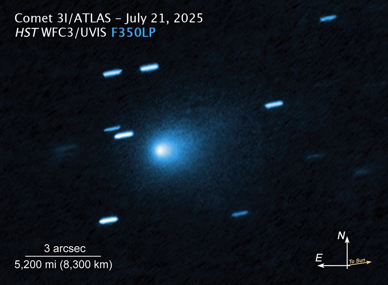 This image of interstellar comet 3I/ATLAS was captured by the Hubble Space Telescope's Wide Field Camera on July 21, 2025. Credit: NASA/ESA/UCLA/STScI