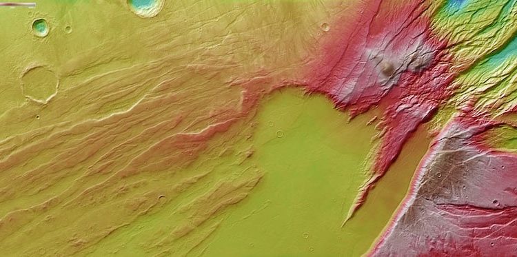 This colour-coded topographic image of Mars shows the Acheron Fossae region of Mars. It was captured by the Mars Express spacecraft (Credit : ESA/DLR/FU Berlin)