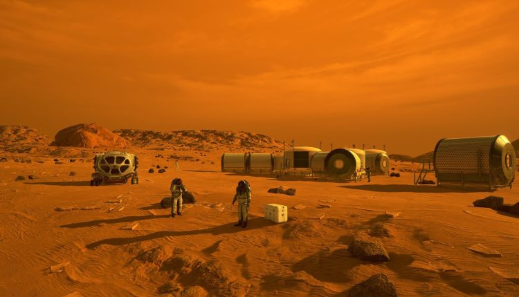 Artist's illustration of astronauts and habitats on Mars. Credit: NASA/JPL